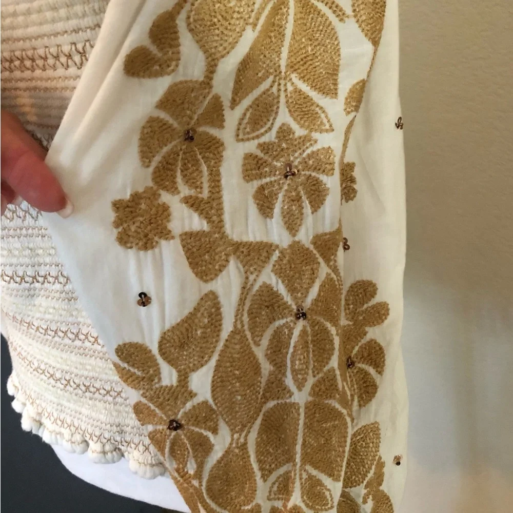Anthropologie Cream and Brown Embroidered Blouse w/Embellishments Throughout